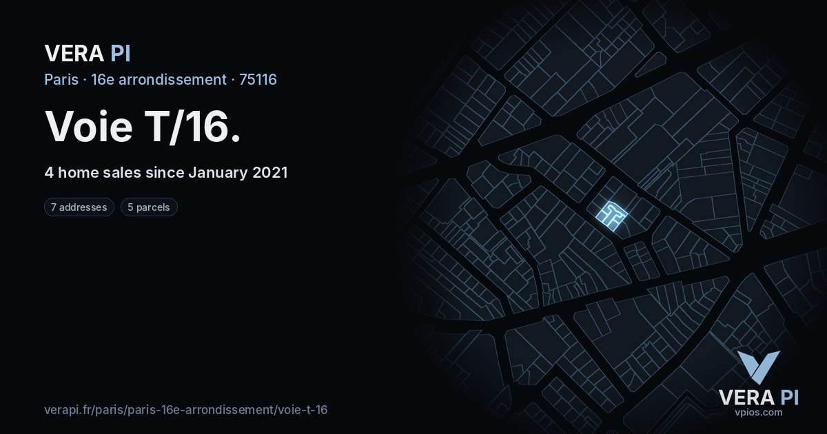 Voie T/16, 16e arrondissement at night – every parcel coloured by the prices around it, the street's own parcels lit