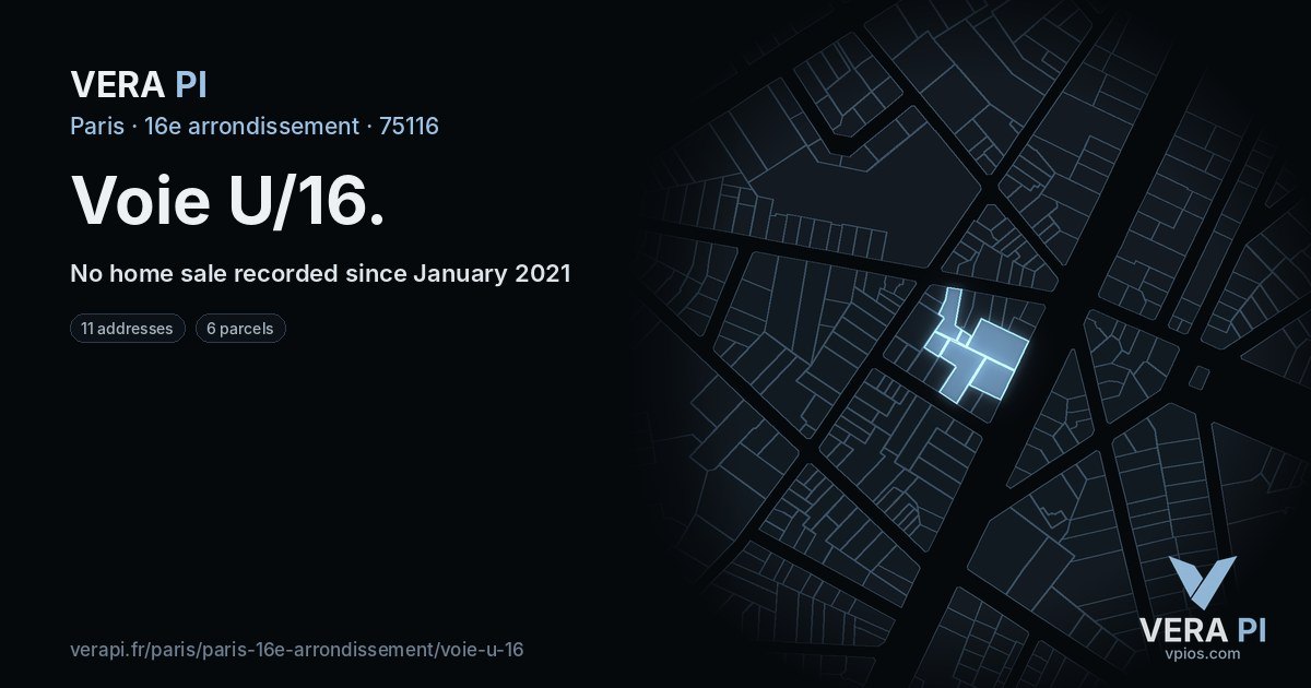 Voie U/16, 16e arrondissement at night – every parcel coloured by the prices around it, the street's own parcels lit