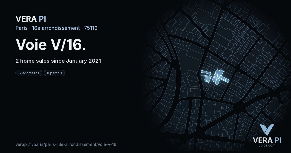 Voie V/16, 16e arrondissement at night – every parcel coloured by the prices around it, the street's own parcels lit