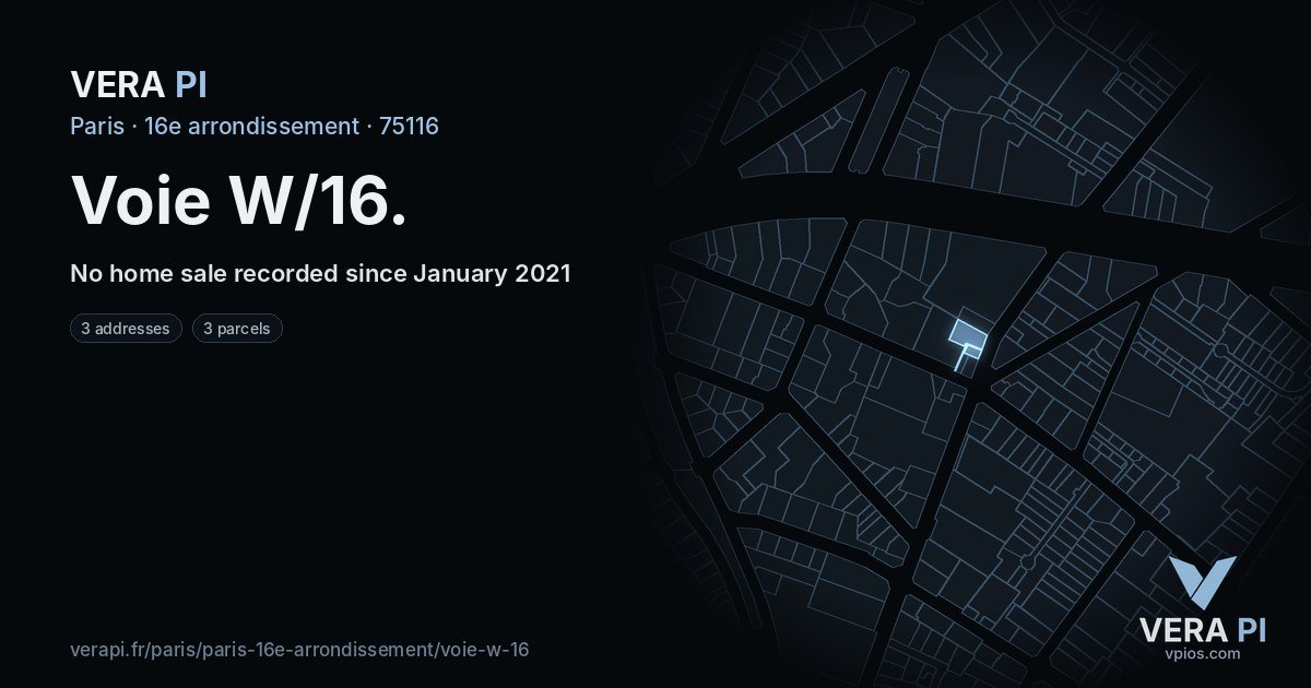 Voie W/16, 16e arrondissement at night – every parcel coloured by the prices around it, the street's own parcels lit