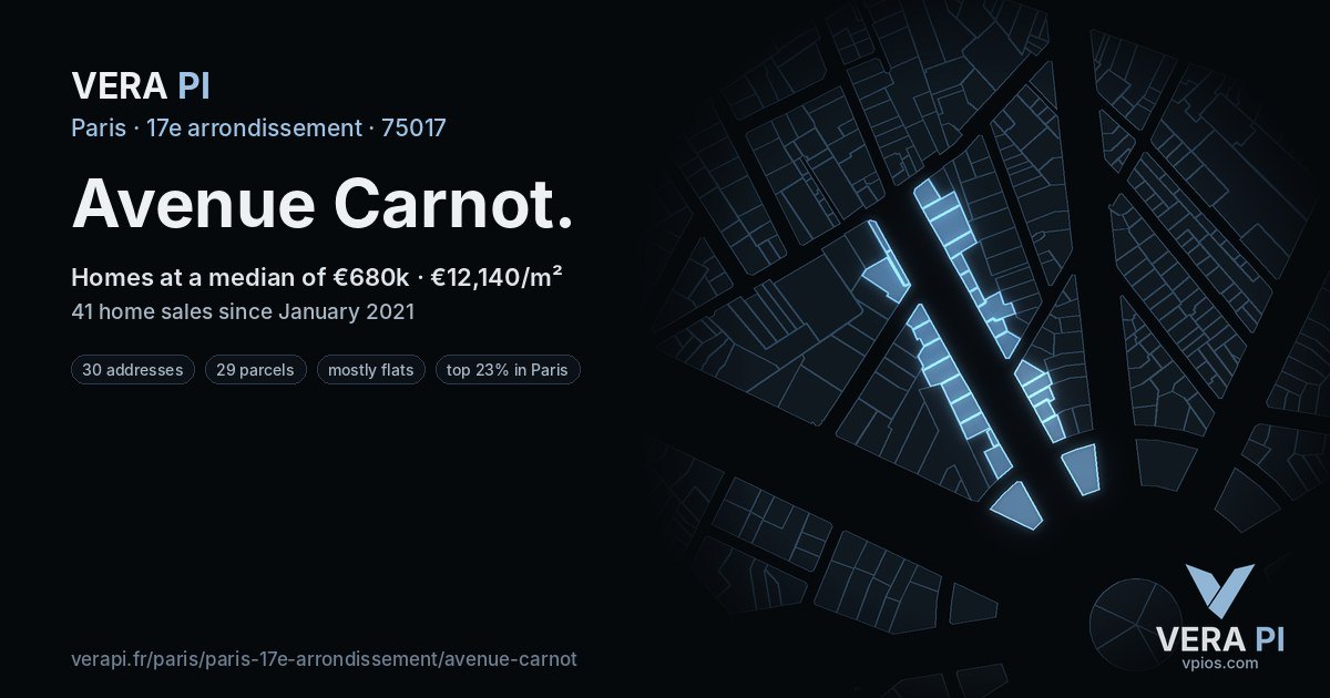 Avenue Carnot, 17e arrondissement at night – every parcel coloured by the prices around it, the street's own parcels lit