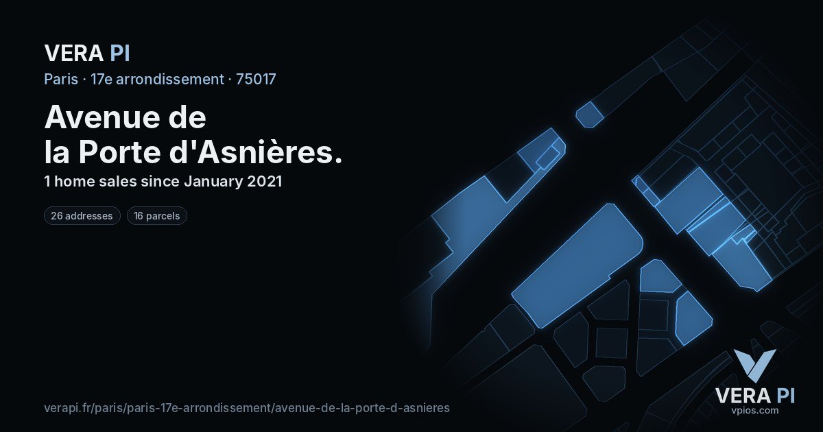 Avenue de la Porte d'Asnières, 17e arrondissement at night – every parcel coloured by the prices around it, the street's own parcels lit