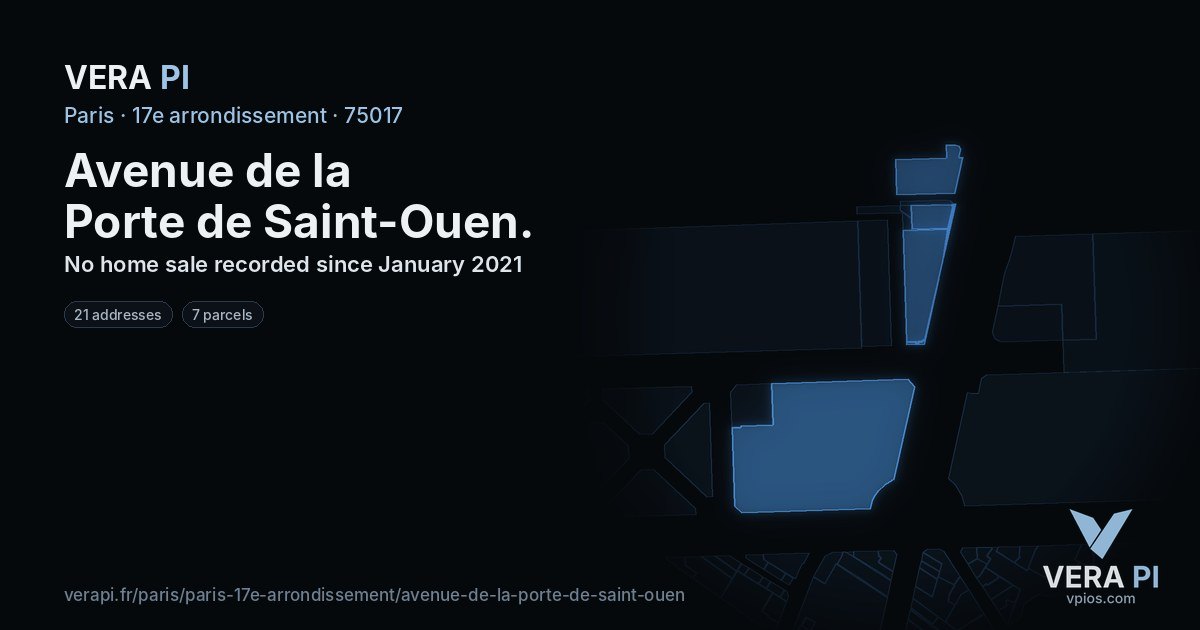 Avenue de la Porte de Saint-Ouen, 17e arrondissement at night – every parcel coloured by the prices around it, the street's own parcels lit