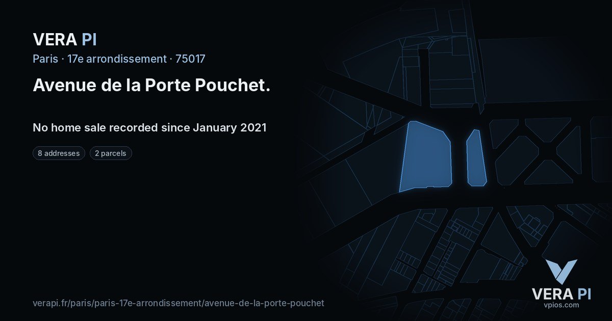 Avenue de la Porte Pouchet, 17e arrondissement at night – every parcel coloured by the prices around it, the street's own parcels lit