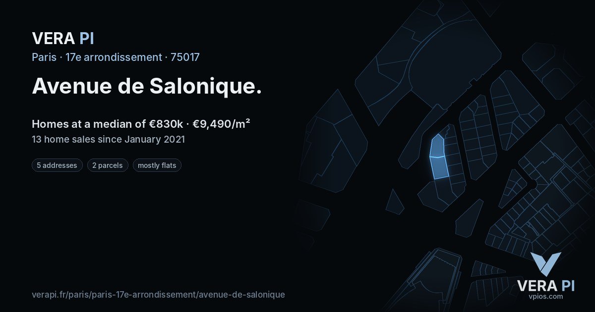 Avenue de Salonique, 17e arrondissement at night – every parcel coloured by the prices around it, the street's own parcels lit