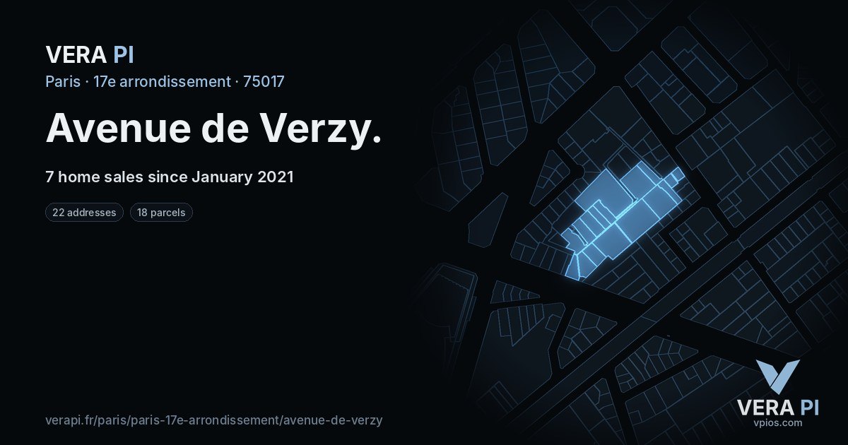 Avenue de Verzy, 17e arrondissement at night – every parcel coloured by the prices around it, the street's own parcels lit