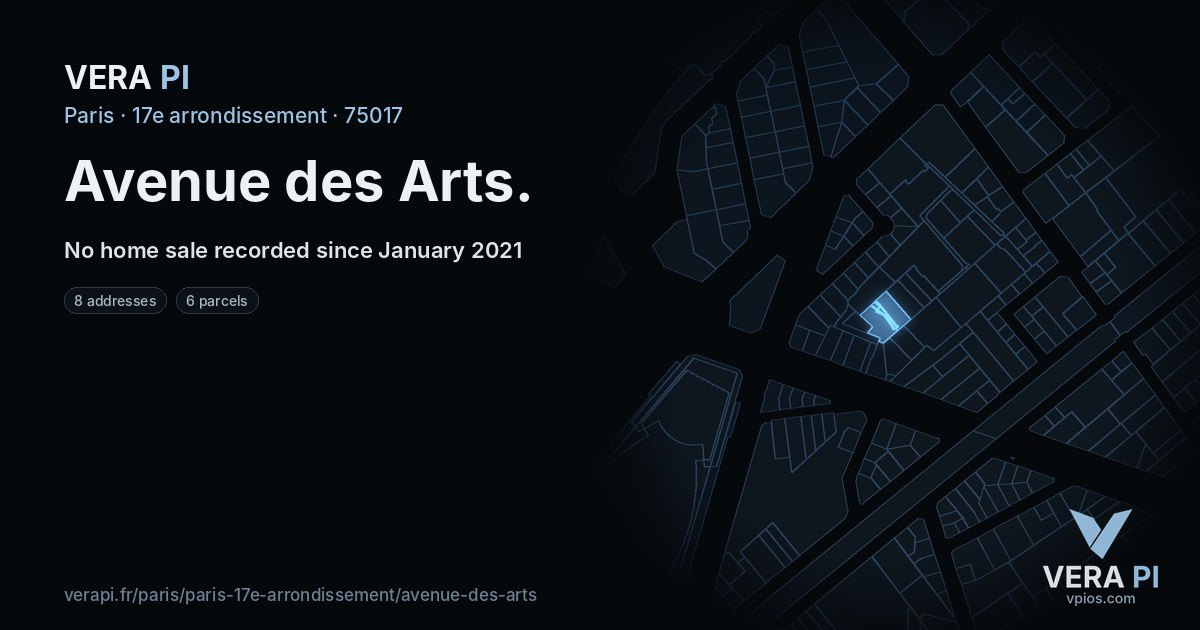 Avenue des Arts, 17e arrondissement at night – every parcel coloured by the prices around it, the street's own parcels lit