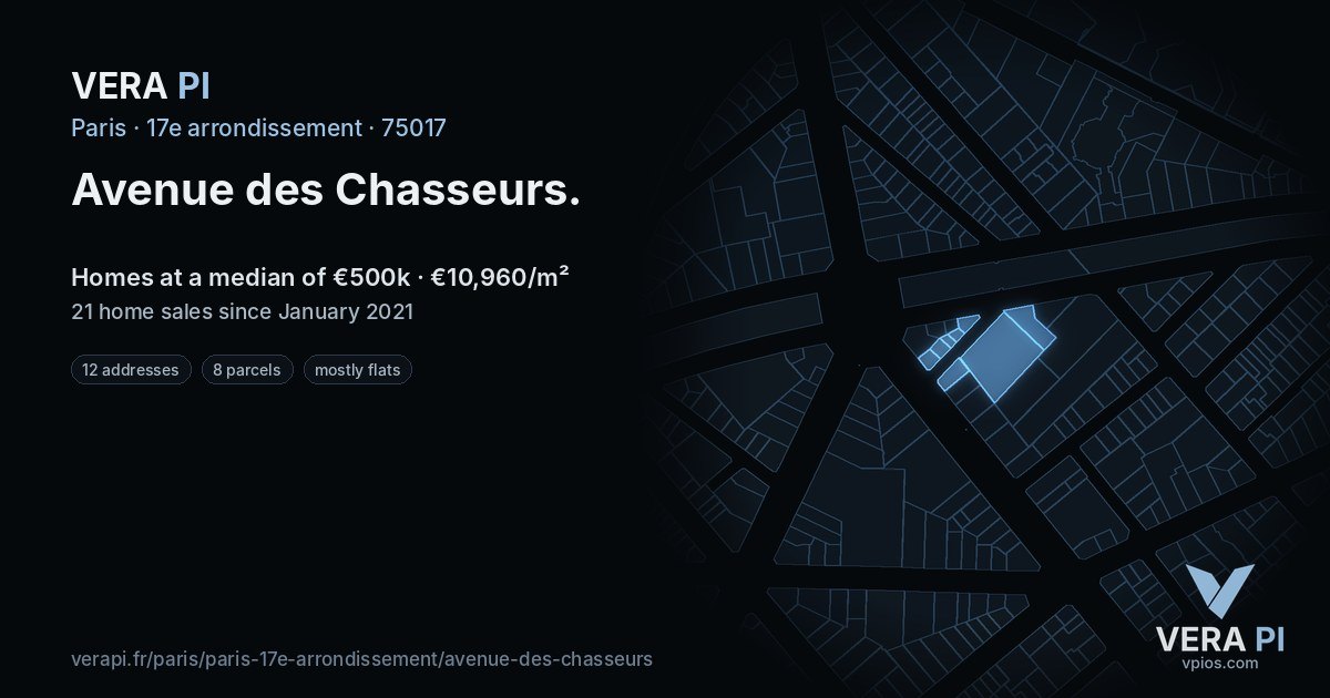 Avenue des Chasseurs, 17e arrondissement at night – every parcel coloured by the prices around it, the street's own parcels lit
