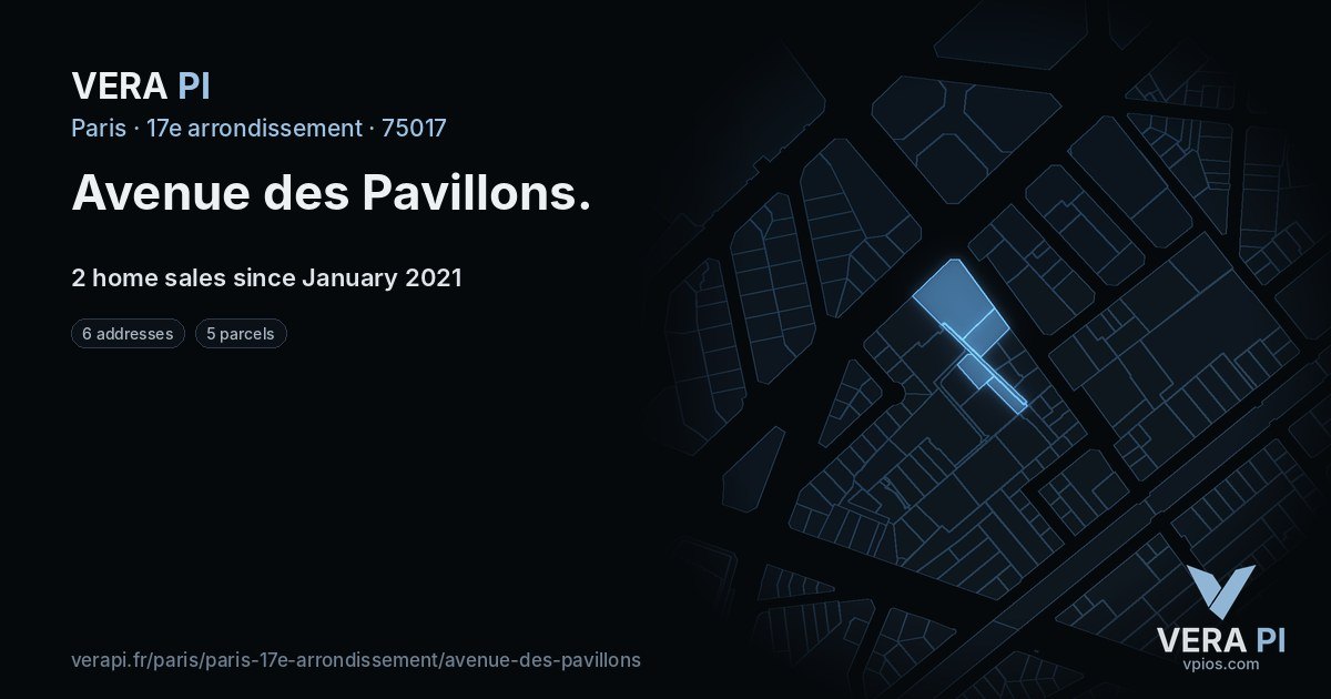 Avenue des Pavillons, 17e arrondissement at night – every parcel coloured by the prices around it, the street's own parcels lit