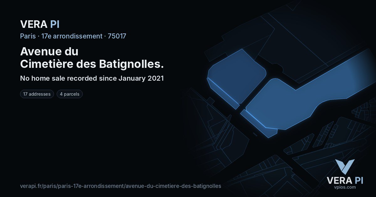 Avenue du Cimetière des Batignolles, 17e arrondissement at night – every parcel coloured by the prices around it, the street's own parcels lit