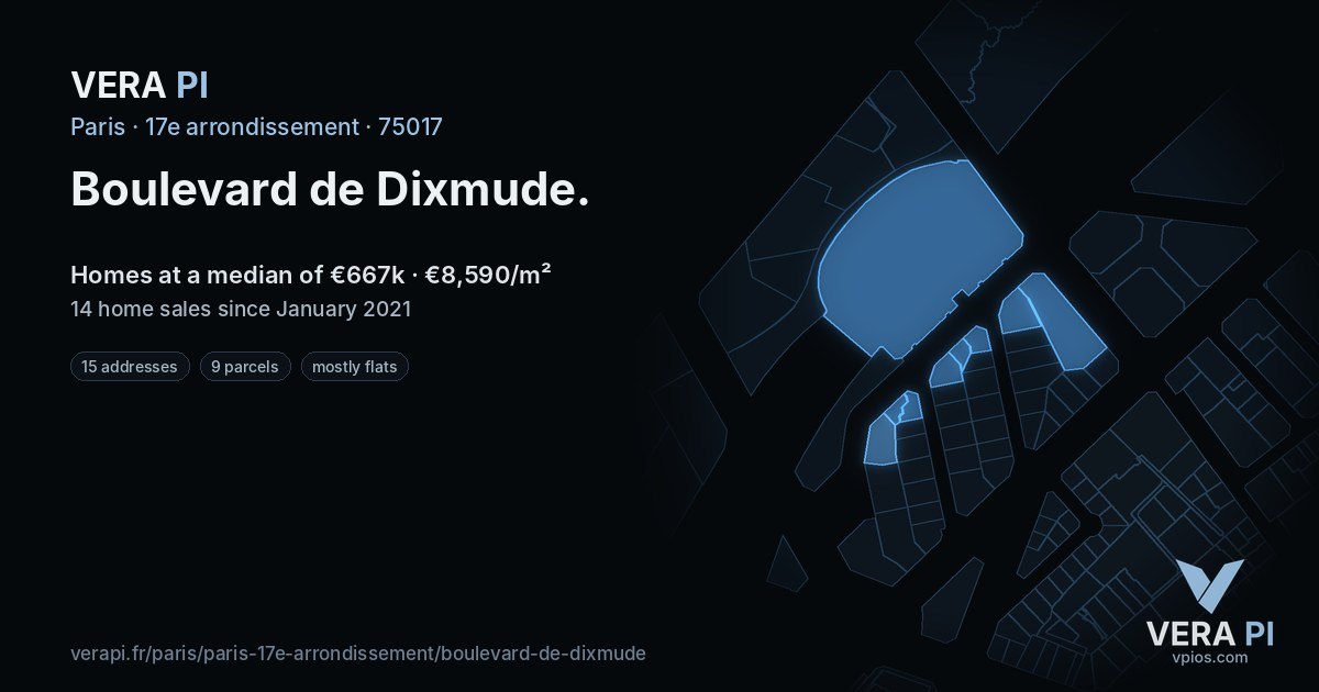 Boulevard de Dixmude, 17e arrondissement at night – every parcel coloured by the prices around it, the street's own parcels lit