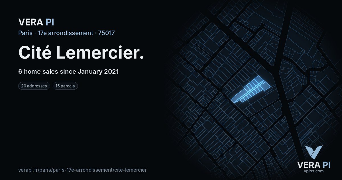 Cité Lemercier, 17e arrondissement at night – every parcel coloured by the prices around it, the street's own parcels lit