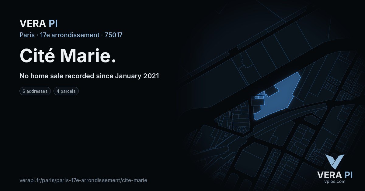 Cité Marie, 17e arrondissement at night – every parcel coloured by the prices around it, the street's own parcels lit