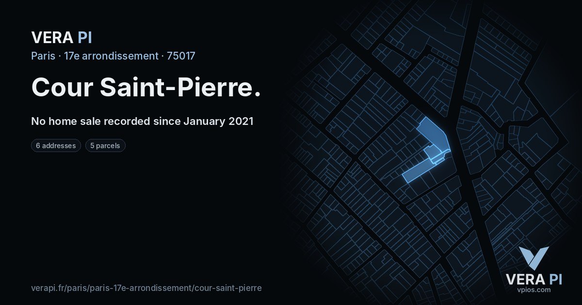 Cour Saint-Pierre, 17e arrondissement at night – every parcel coloured by the prices around it, the street's own parcels lit