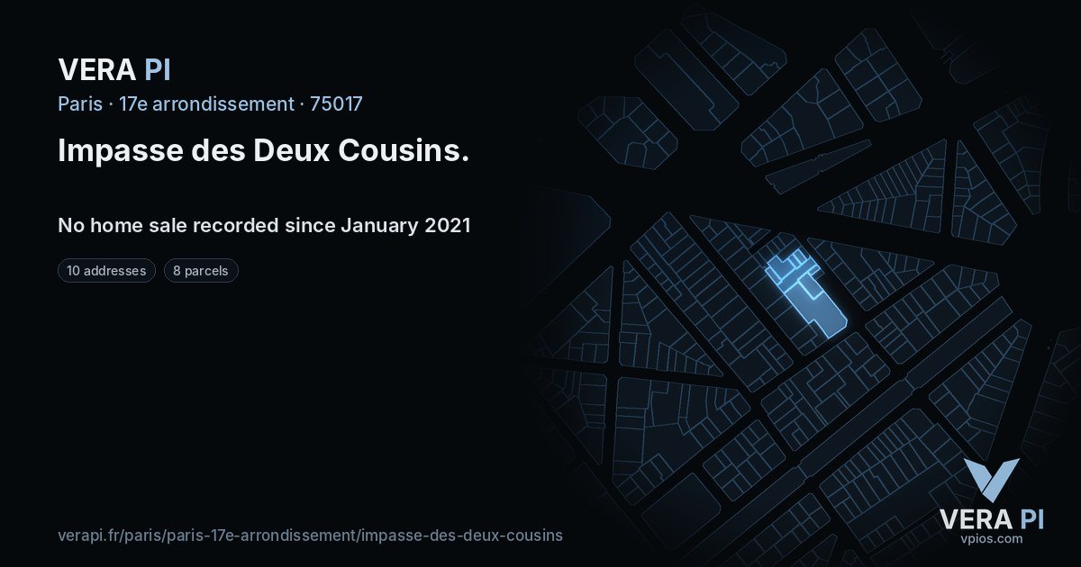 Impasse des Deux Cousins, 17e arrondissement at night – every parcel coloured by the prices around it, the street's own parcels lit