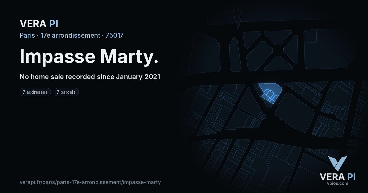 Impasse Marty, 17e arrondissement at night – every parcel coloured by the prices around it, the street's own parcels lit