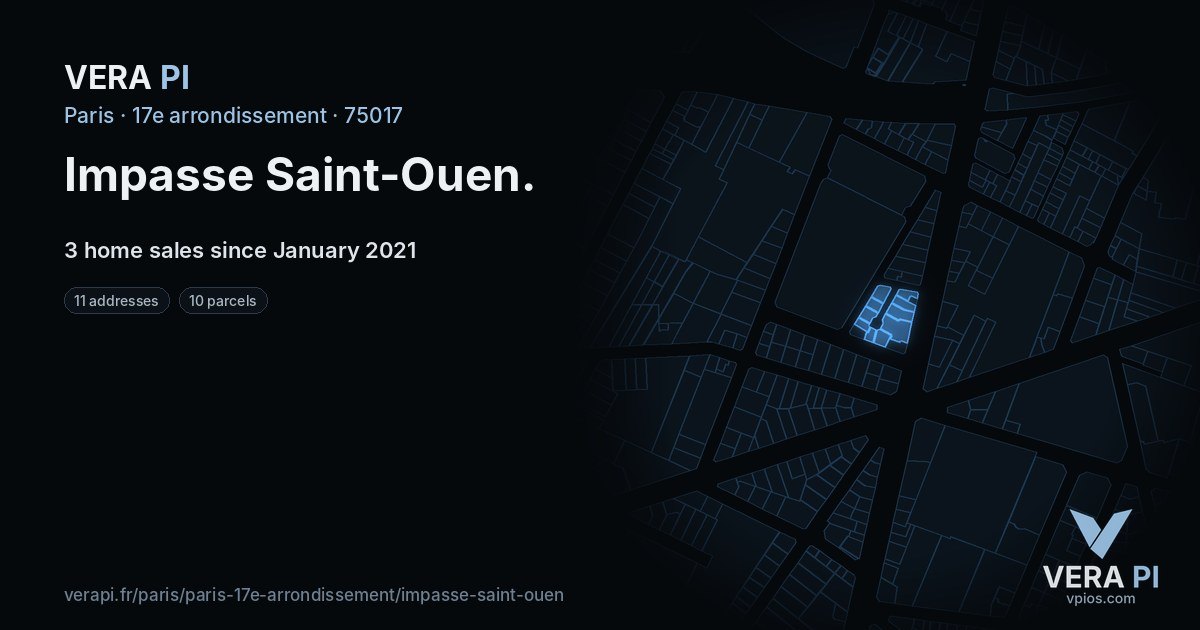 Impasse Saint-Ouen, 17e arrondissement at night – every parcel coloured by the prices around it, the street's own parcels lit