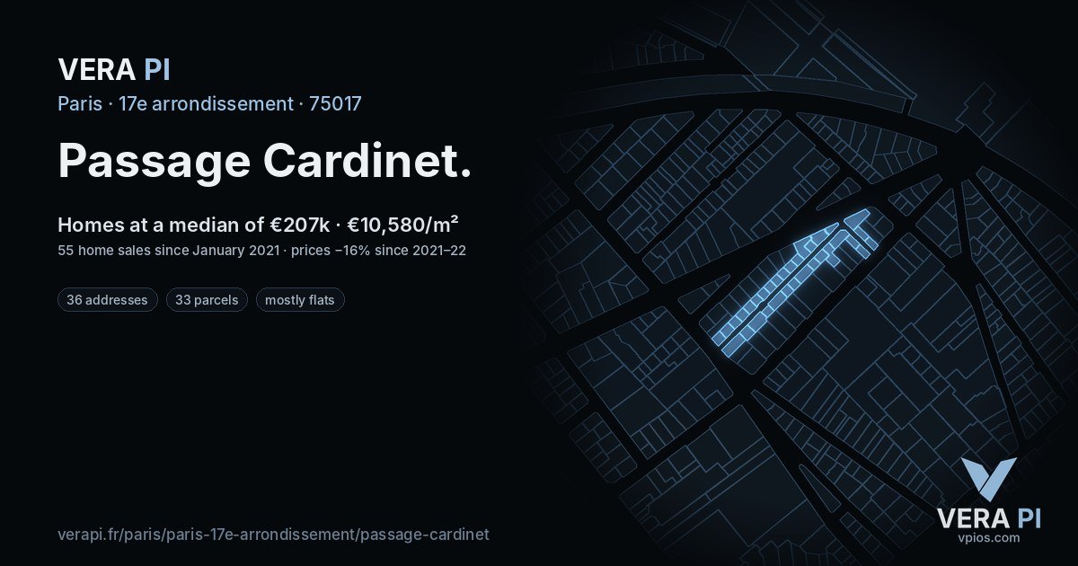 Passage Cardinet, 17e arrondissement at night – every parcel coloured by the prices around it, the street's own parcels lit