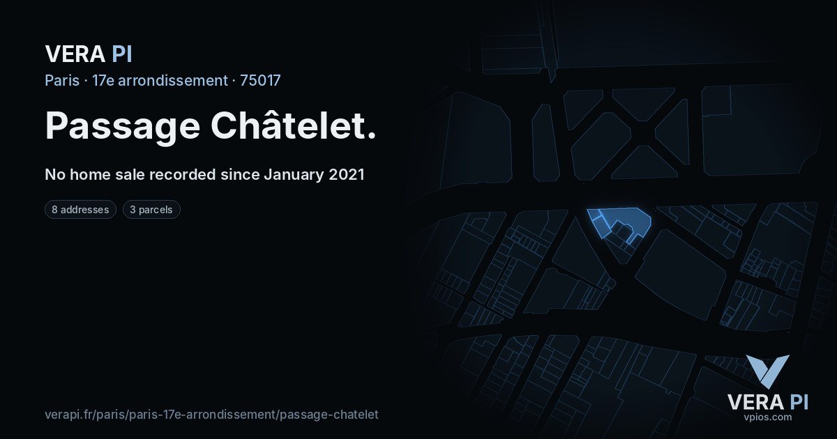 Passage Châtelet, 17e arrondissement at night – every parcel coloured by the prices around it, the street's own parcels lit