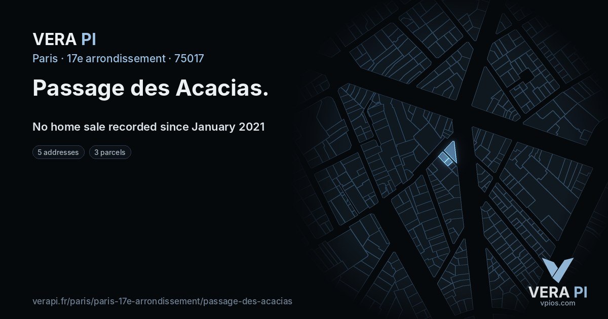 Passage des Acacias, 17e arrondissement at night – every parcel coloured by the prices around it, the street's own parcels lit