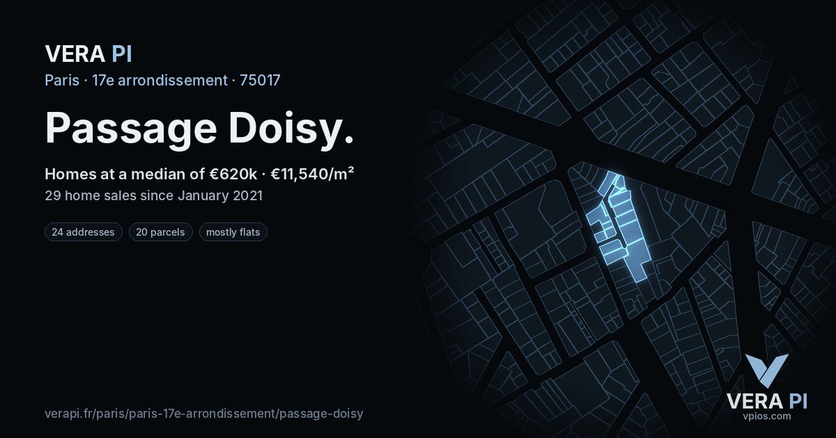 Passage Doisy, 17e arrondissement at night – every parcel coloured by the prices around it, the street's own parcels lit