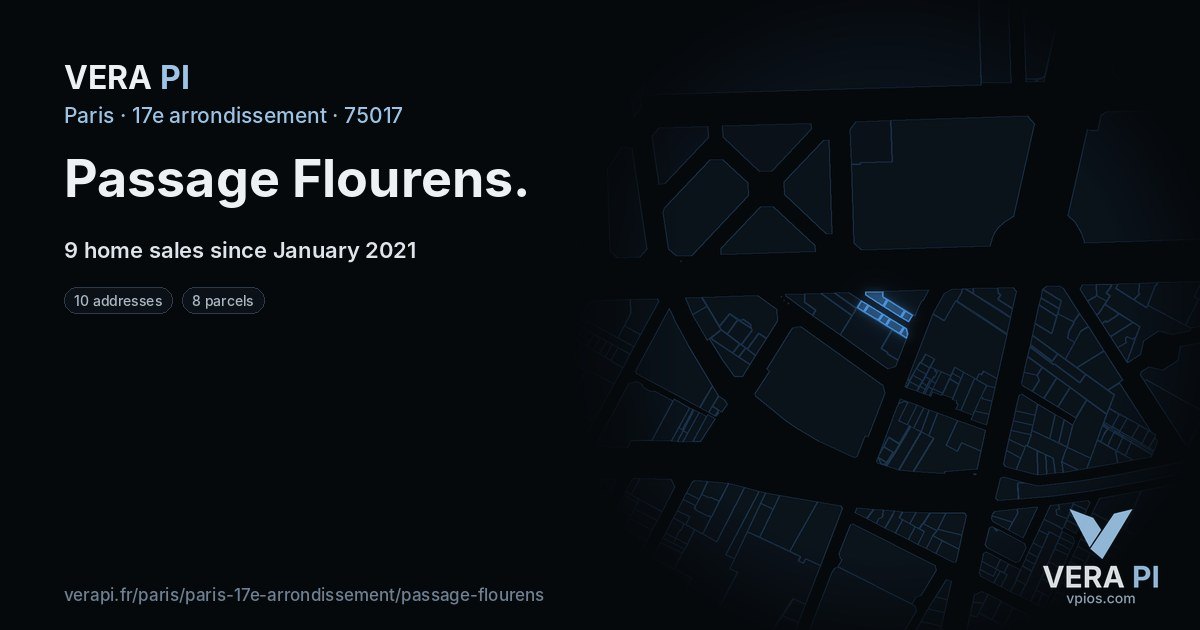 Passage Flourens, 17e arrondissement at night – every parcel coloured by the prices around it, the street's own parcels lit
