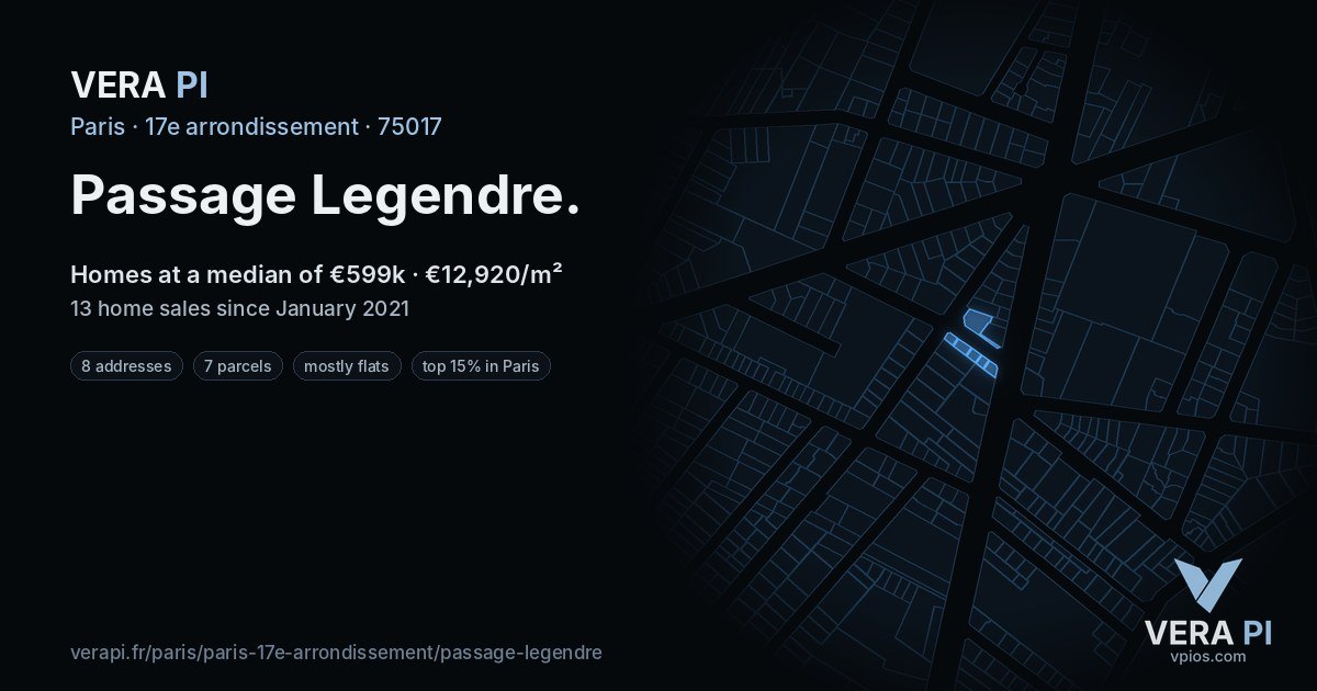 Passage Legendre, 17e arrondissement at night – every parcel coloured by the prices around it, the street's own parcels lit