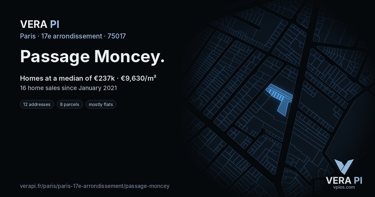 Passage Moncey, 17e arrondissement at night – every parcel coloured by the prices around it, the street's own parcels lit