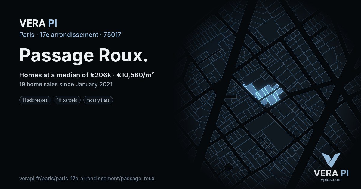 Passage Roux, 17e arrondissement at night – every parcel coloured by the prices around it, the street's own parcels lit