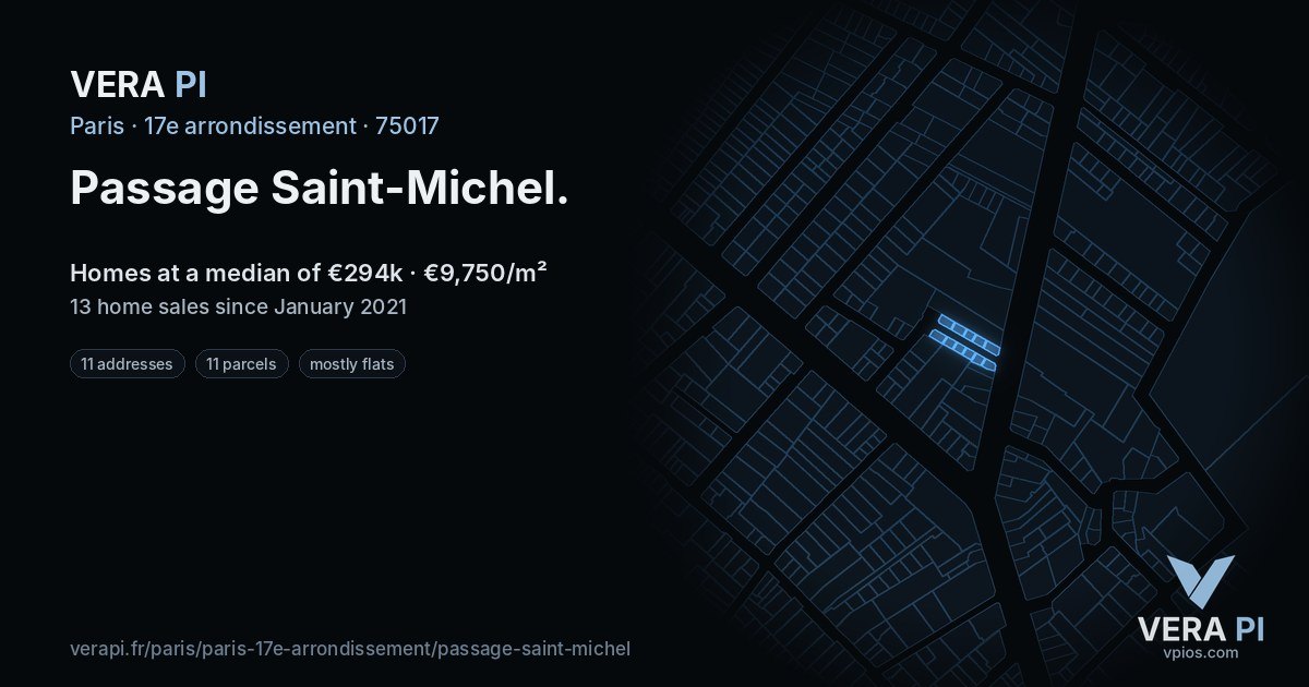 Passage Saint-Michel, 17e arrondissement at night – every parcel coloured by the prices around it, the street's own parcels lit