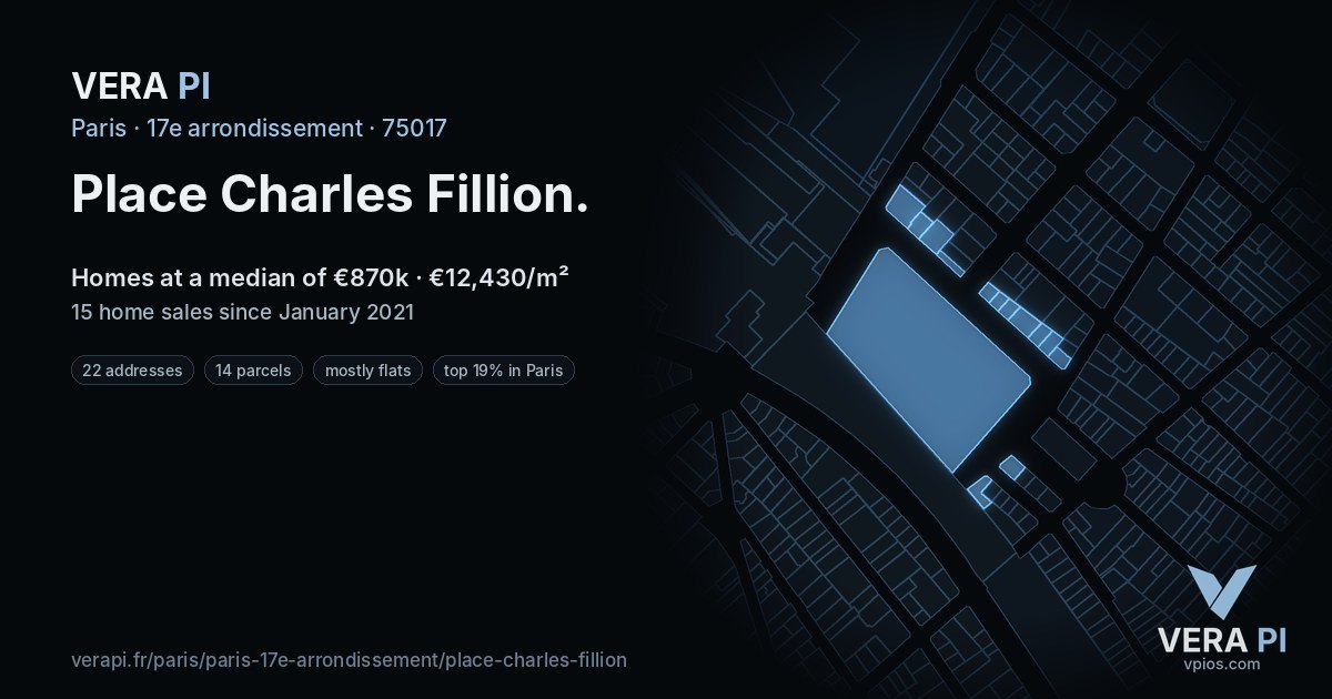 Place Charles Fillion, 17e arrondissement at night – every parcel coloured by the prices around it, the street's own parcels lit