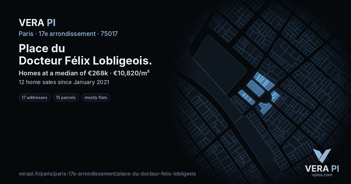 Place du Docteur Félix Lobligeois, 17e arrondissement at night – every parcel coloured by the prices around it, the street's own parcels lit