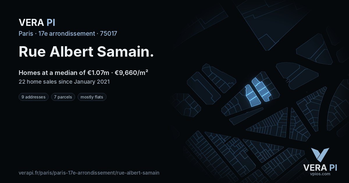 Rue Albert Samain, 17e arrondissement at night – every parcel coloured by the prices around it, the street's own parcels lit