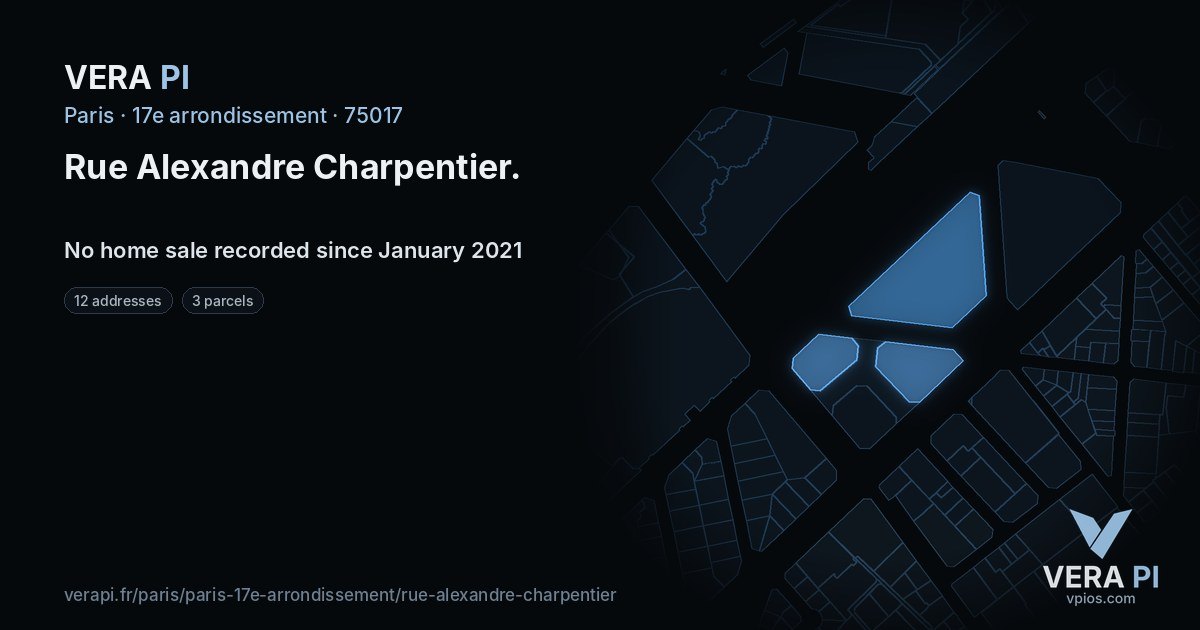 Rue Alexandre Charpentier, 17e arrondissement at night – every parcel coloured by the prices around it, the street's own parcels lit