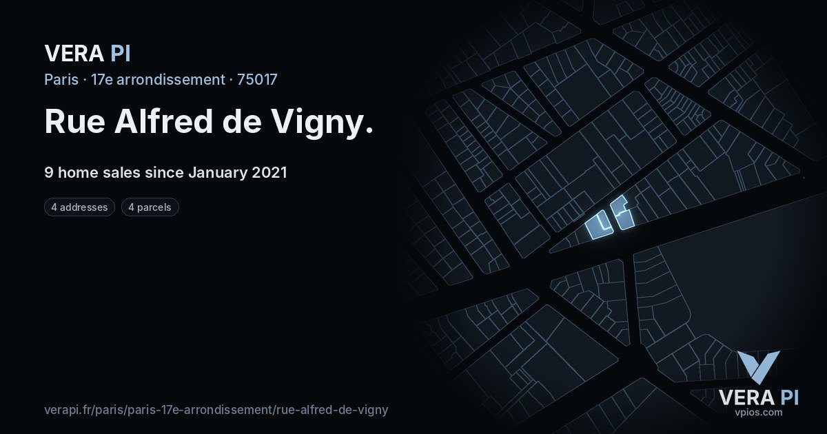 Rue Alfred de Vigny, 17e arrondissement at night – every parcel coloured by the prices around it, the street's own parcels lit