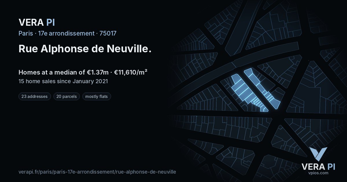 Rue Alphonse de Neuville, 17e arrondissement at night – every parcel coloured by the prices around it, the street's own parcels lit