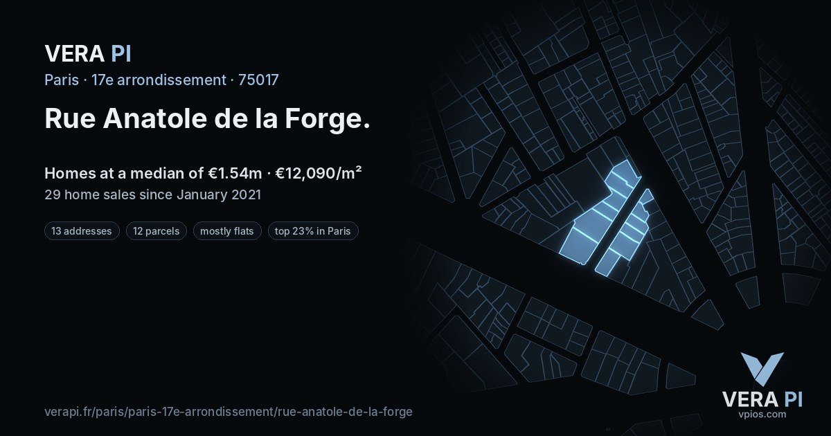 Rue Anatole de la Forge, 17e arrondissement at night – every parcel coloured by the prices around it, the street's own parcels lit