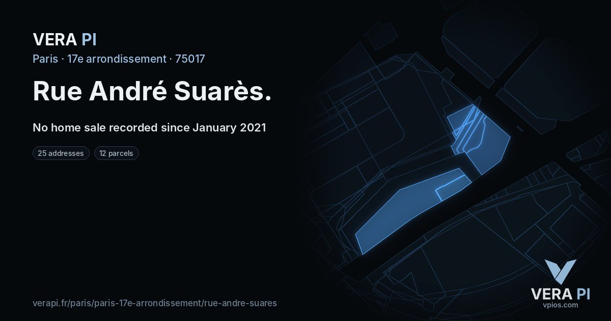 Rue André Suarès, 17e arrondissement at night – every parcel coloured by the prices around it, the street's own parcels lit