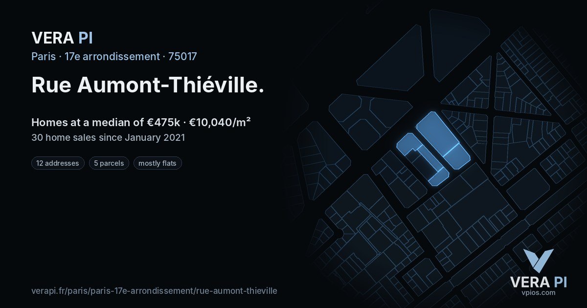 Rue Aumont-Thiéville, 17e arrondissement at night – every parcel coloured by the prices around it, the street's own parcels lit