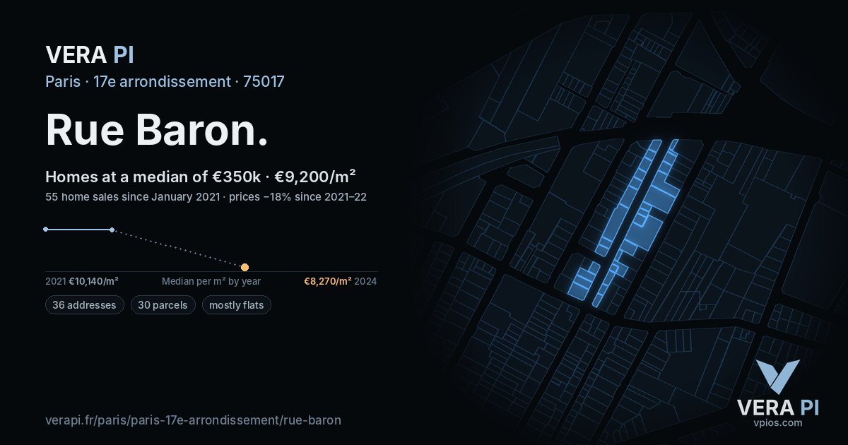 Rue Baron, 17e arrondissement at night – every parcel coloured by the prices around it, the street's own parcels lit