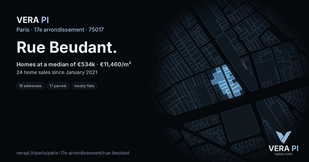 Rue Beudant, 17e arrondissement at night – every parcel coloured by the prices around it, the street's own parcels lit