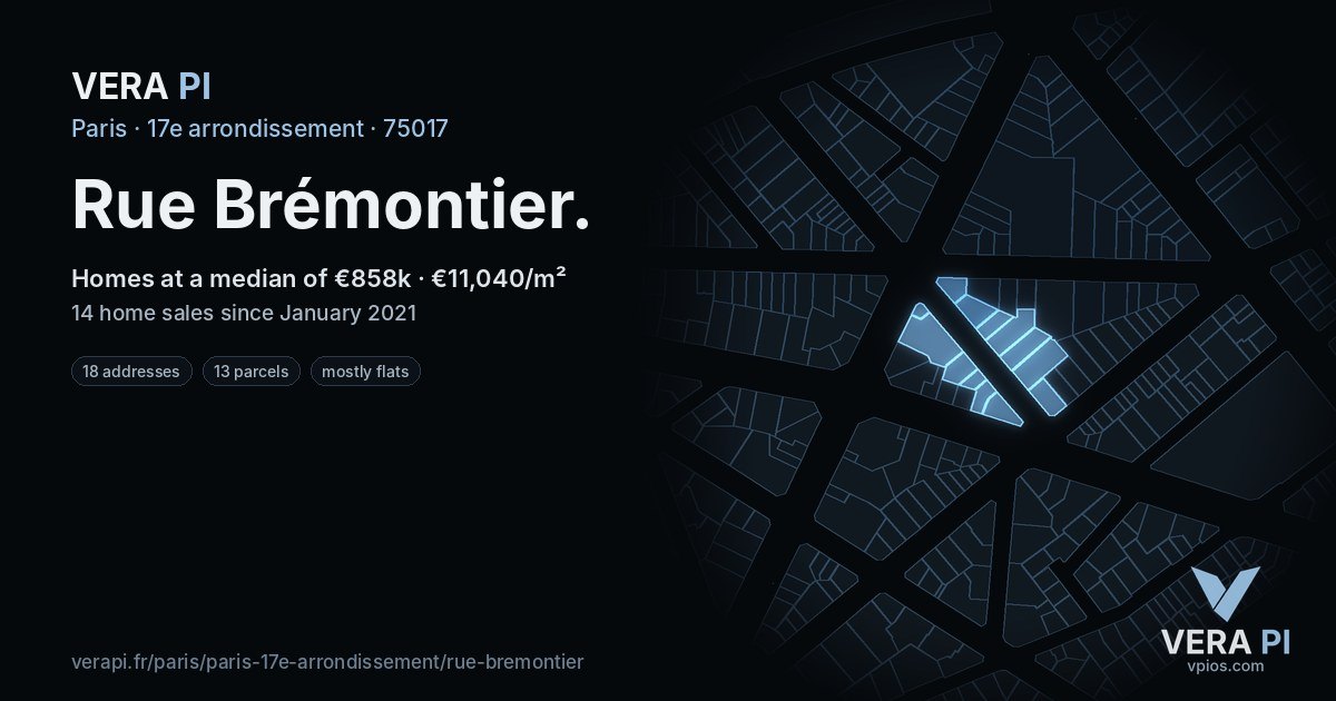 Rue Brémontier, 17e arrondissement at night – every parcel coloured by the prices around it, the street's own parcels lit