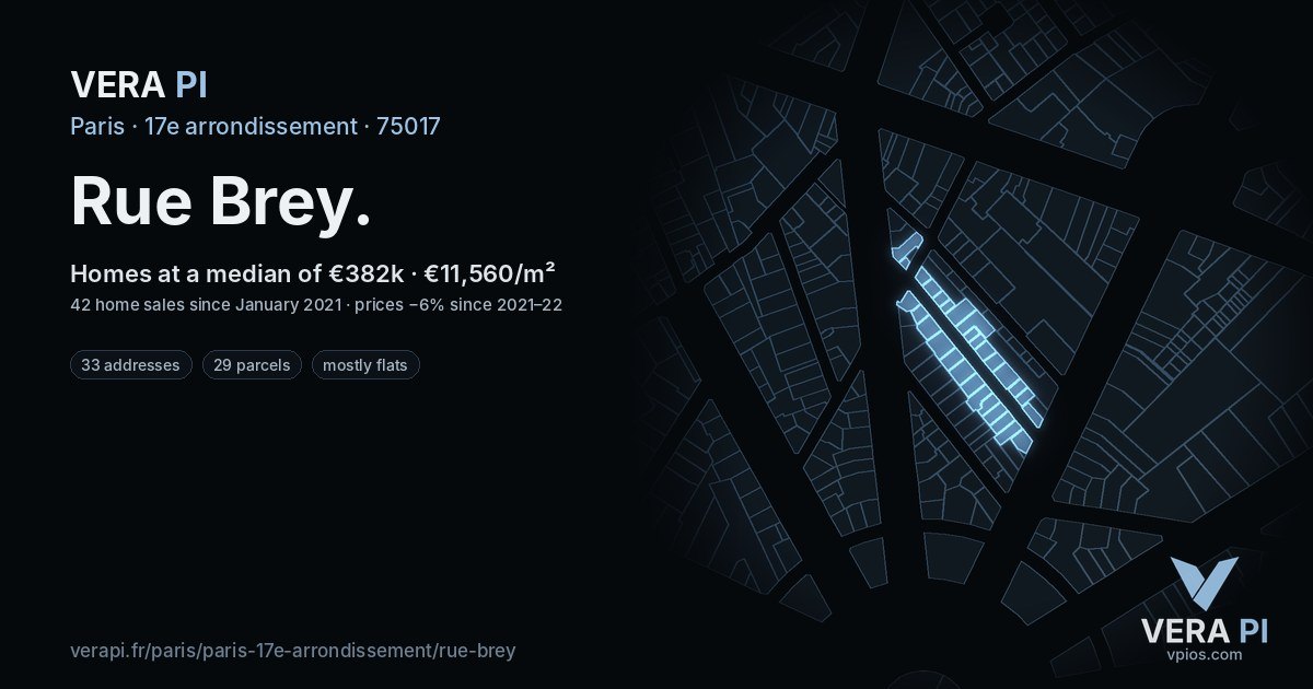 Rue Brey, 17e arrondissement at night – every parcel coloured by the prices around it, the street's own parcels lit