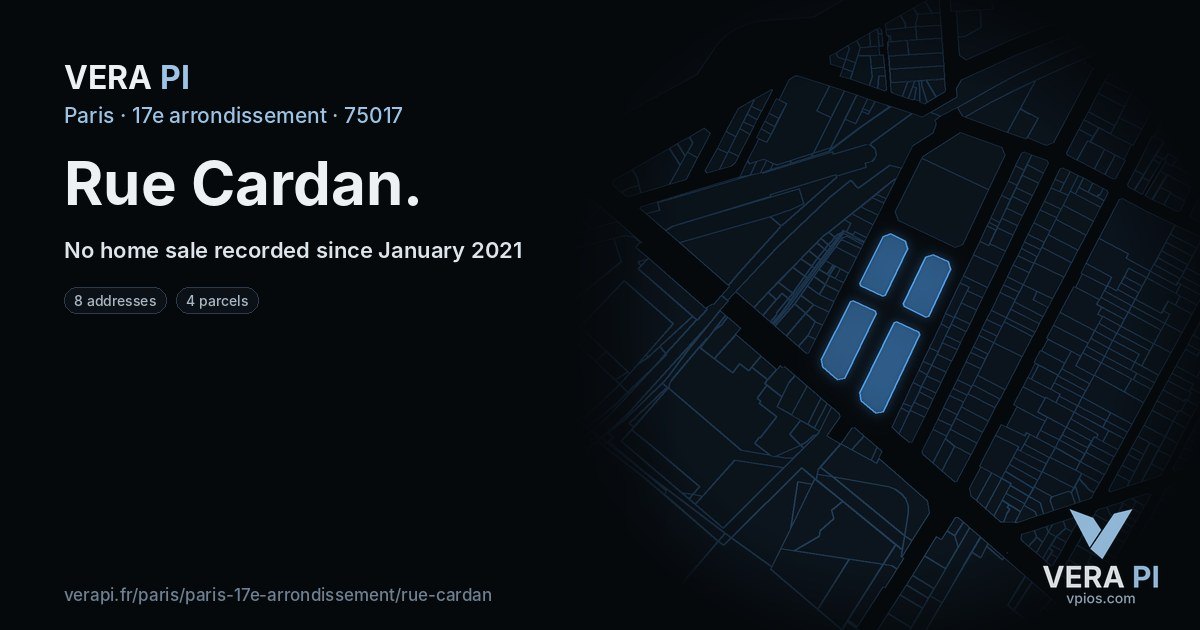 Rue Cardan, 17e arrondissement at night – every parcel coloured by the prices around it, the street's own parcels lit