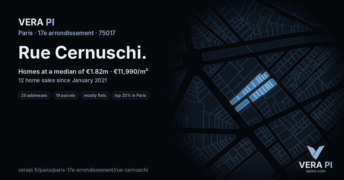Rue Cernuschi, 17e arrondissement at night – every parcel coloured by the prices around it, the street's own parcels lit
