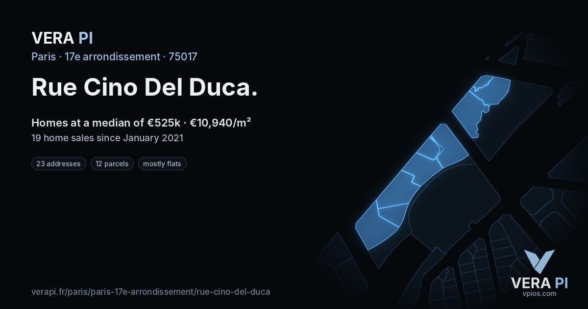 Rue Cino Del Duca, 17e arrondissement at night – every parcel coloured by the prices around it, the street's own parcels lit