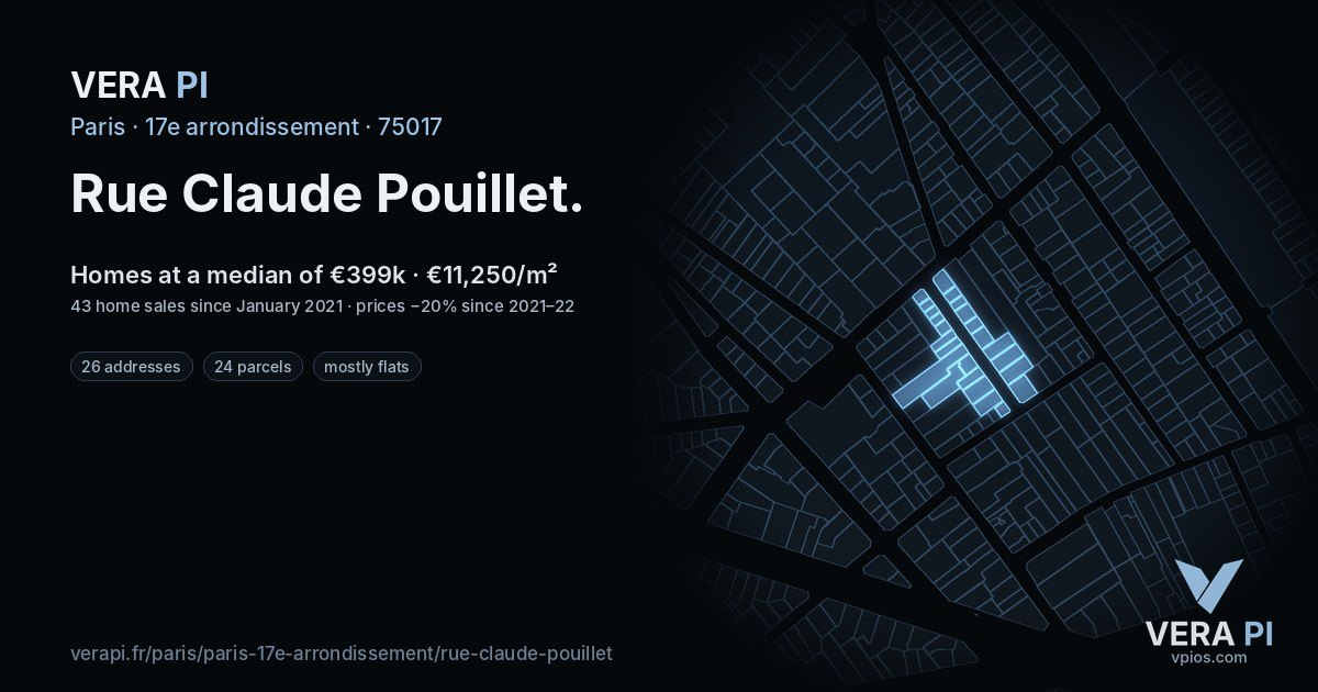 Rue Claude Pouillet, 17e arrondissement at night – every parcel coloured by the prices around it, the street's own parcels lit