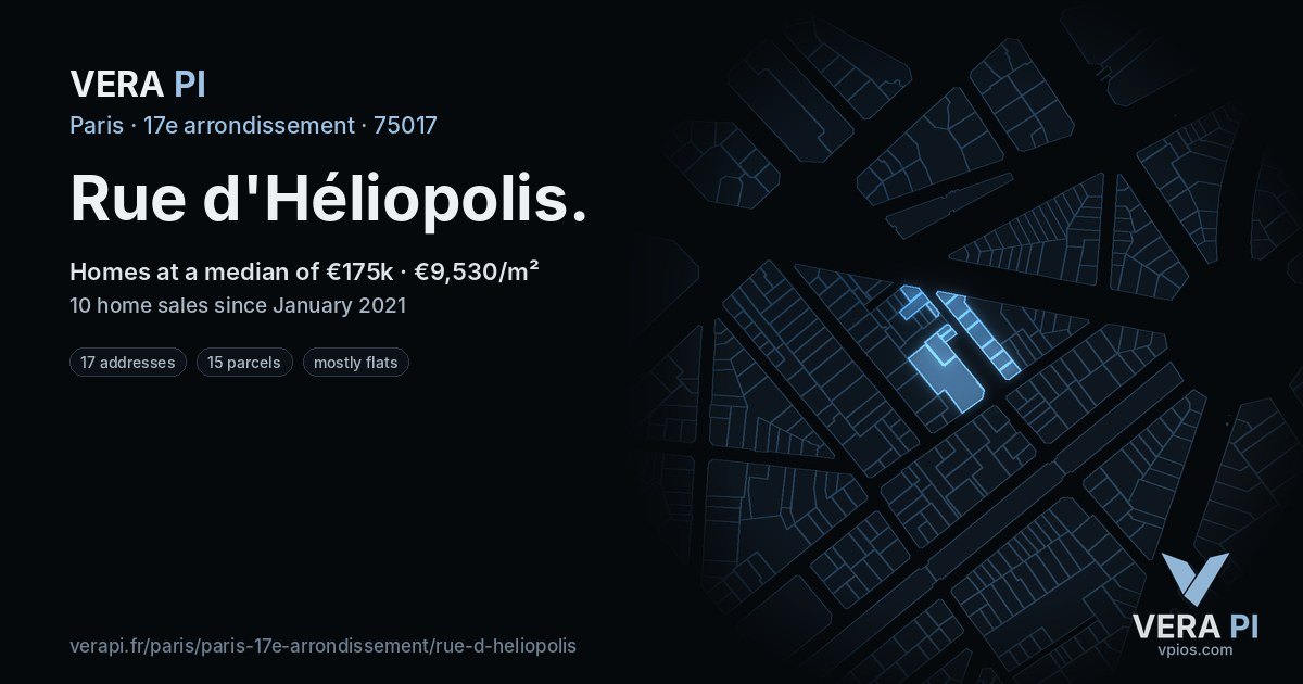 Rue d'Héliopolis, 17e arrondissement at night – every parcel coloured by the prices around it, the street's own parcels lit