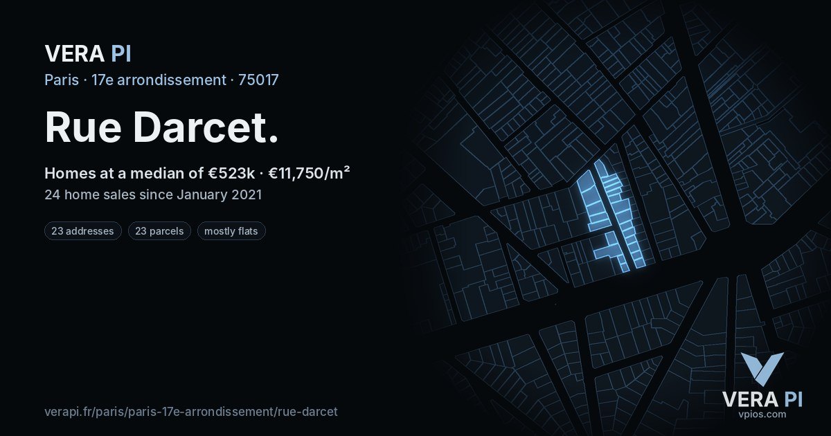 Rue Darcet, 17e arrondissement at night – every parcel coloured by the prices around it, the street's own parcels lit