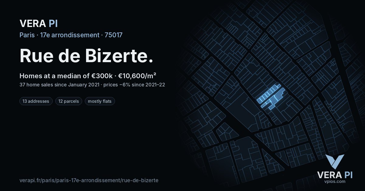 Rue de Bizerte, 17e arrondissement at night – every parcel coloured by the prices around it, the street's own parcels lit